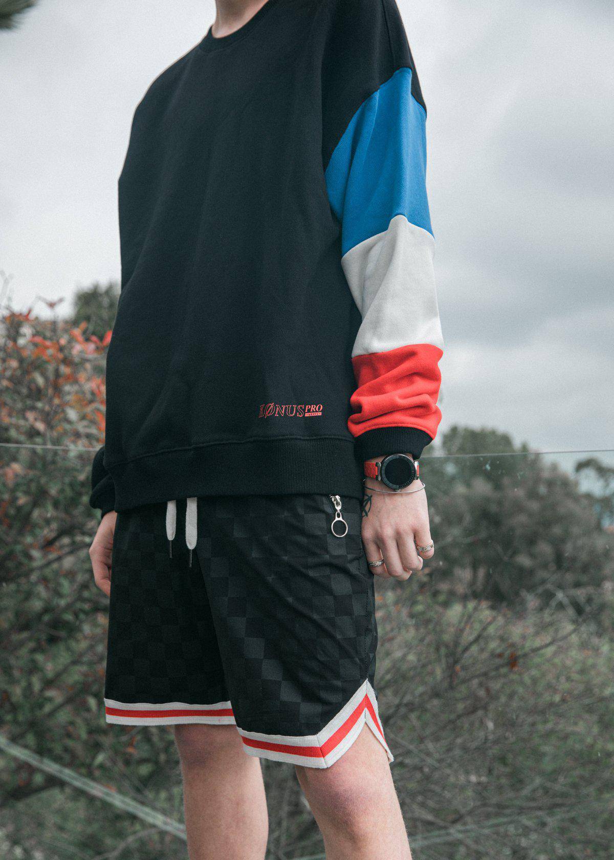 Men's Tonal Checkered Shorts with Tape in Black - Konus Brand