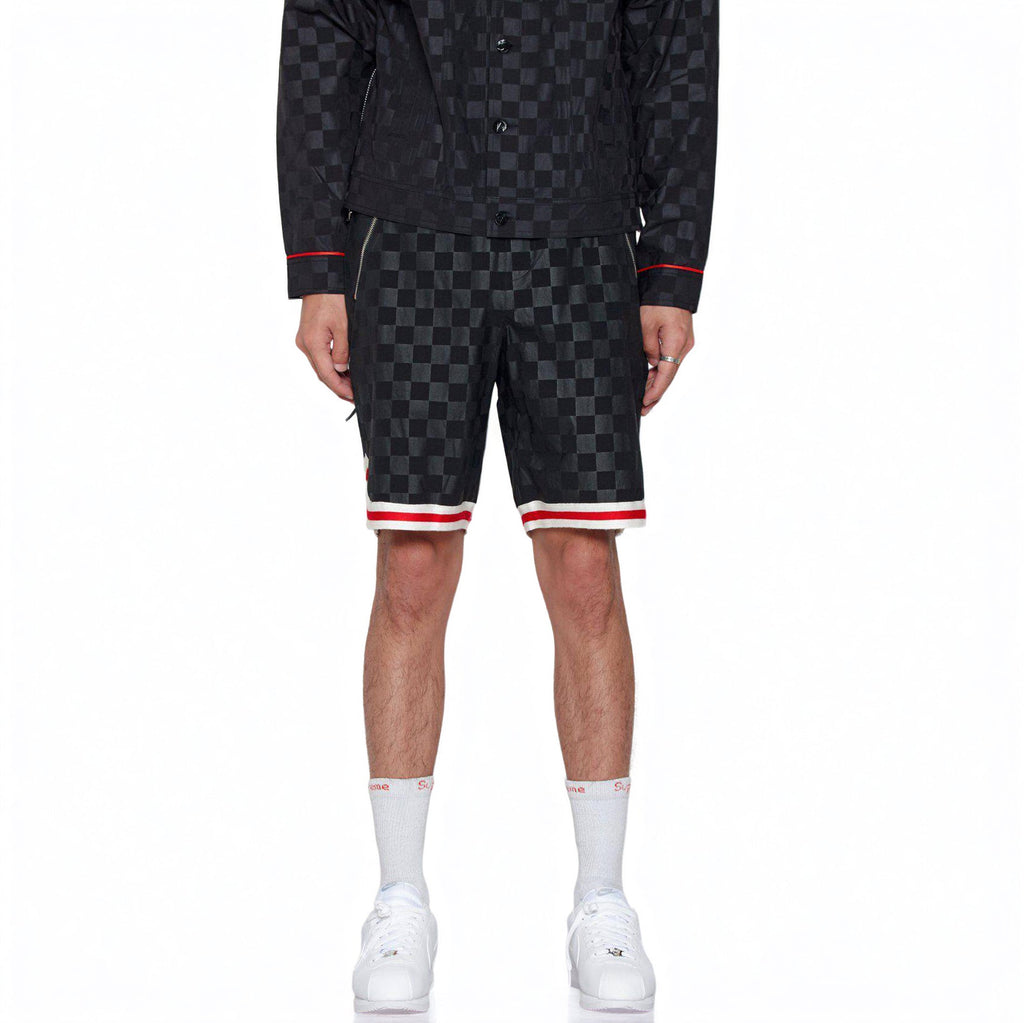 Men's Tonal Checkered Shorts with Tape in Black - Konus Brand