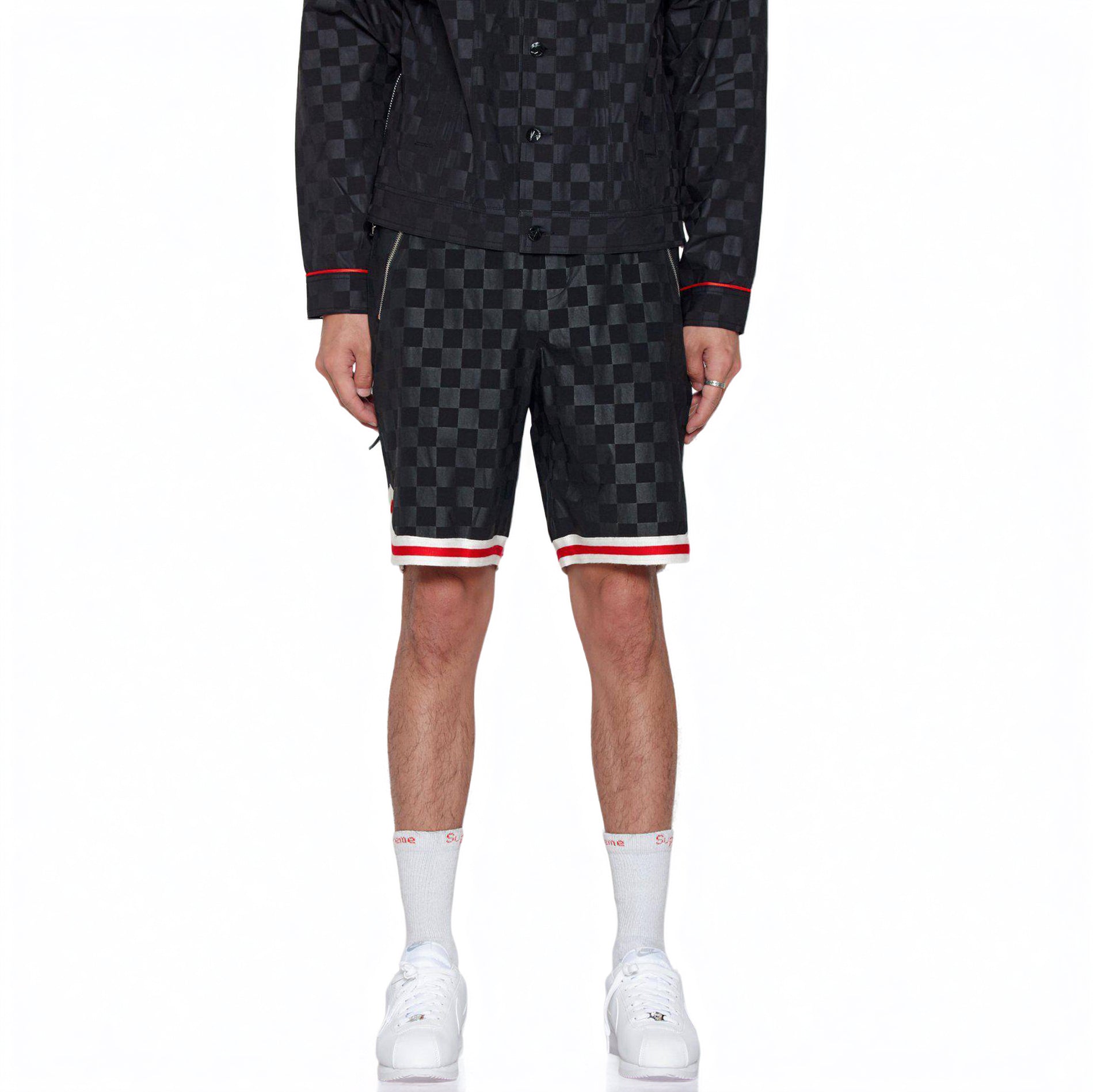 Men's Tonal Checkered Shorts with Tape in Black - Konus Brand