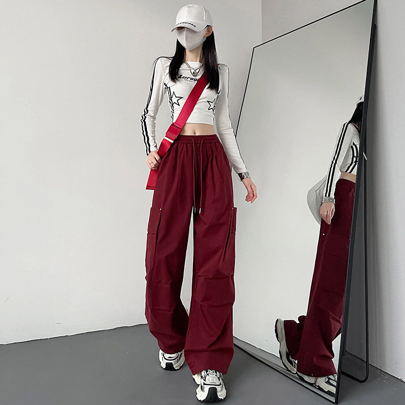 Black Cargo Pants for Women, Spring and Autumn New Outdoor Tactical Pants, Petite Size, Loose Straight Leg Sporty Wide Leg Pants