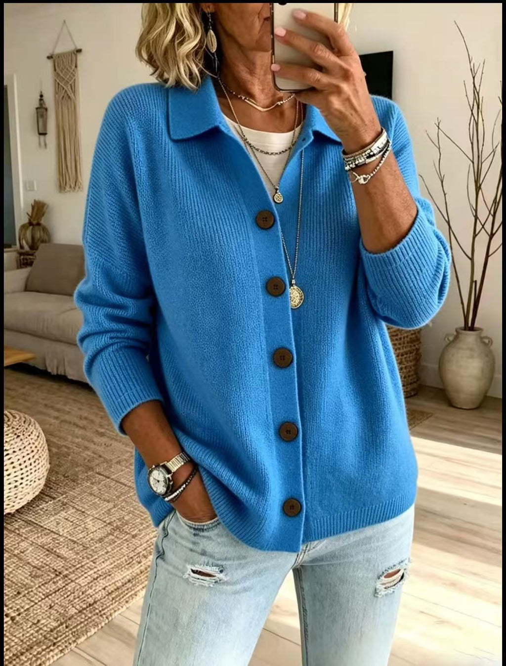 Button knit lapel sweater cardigan jacket