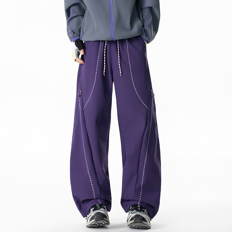 Summer Topstitch Design Quick-Dry Casual Pants, Unisex Straight Loose Fit Outdoor Hiking Windbreaker Trousers