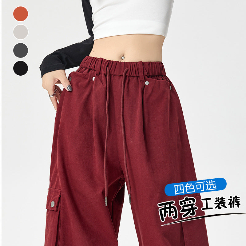 Hiking cargo pants for women, new loose casual wide-leg pants, autumn outdoor washed cotton high-waisted sport pants for women