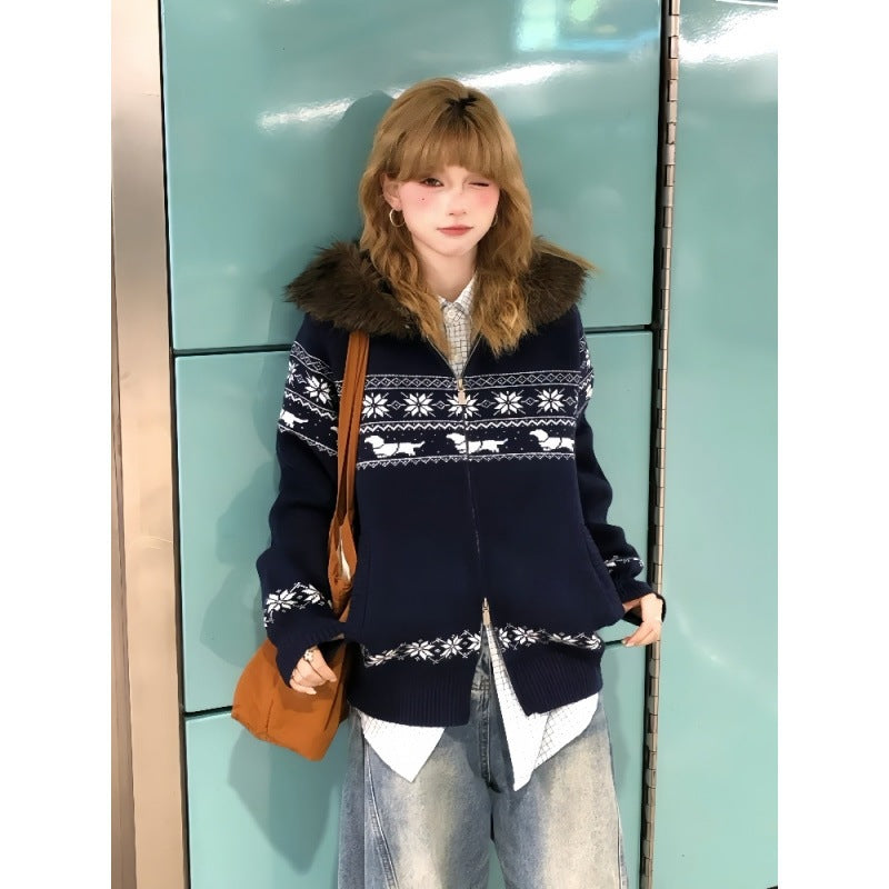 Fel Island fur collar hooded sweater jacket for women