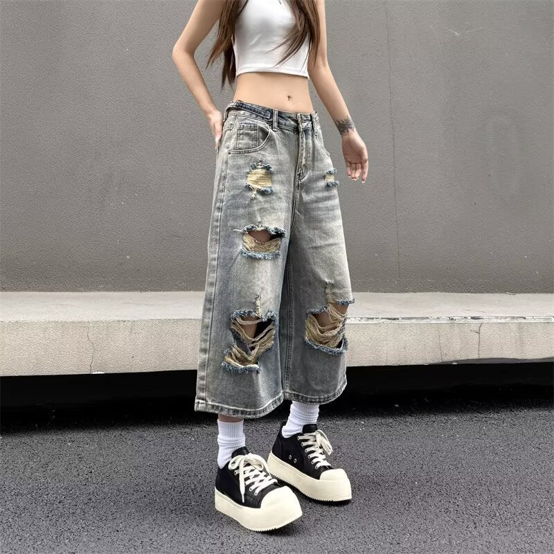 Street ripped wide-leg denim shorts for men and women