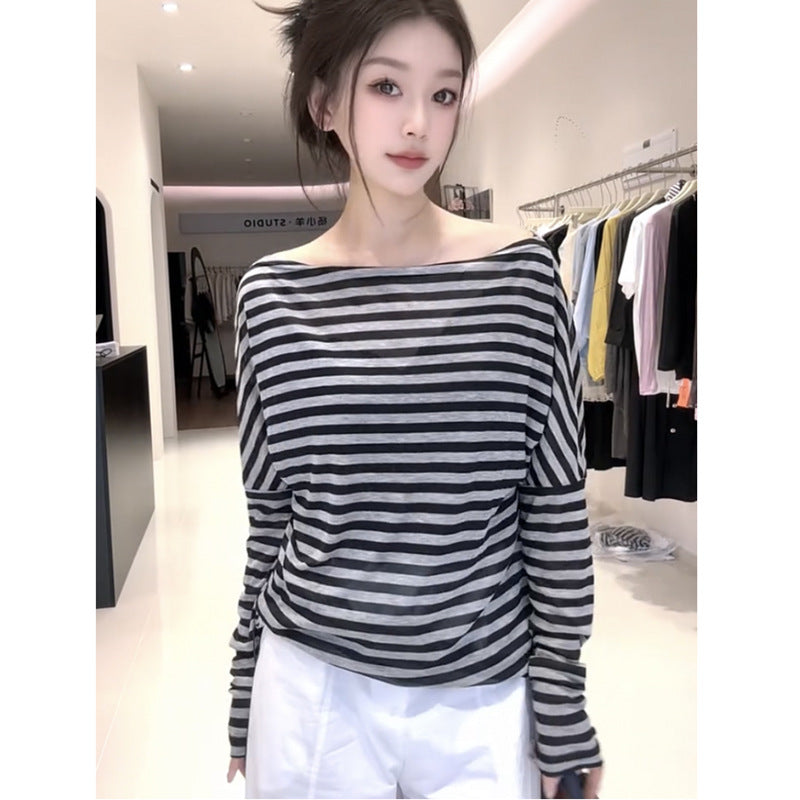 Women's Striped Off-Shoulder Long Sleeve Top - Loose Fit Premium Casual Tee for Early Autumn
