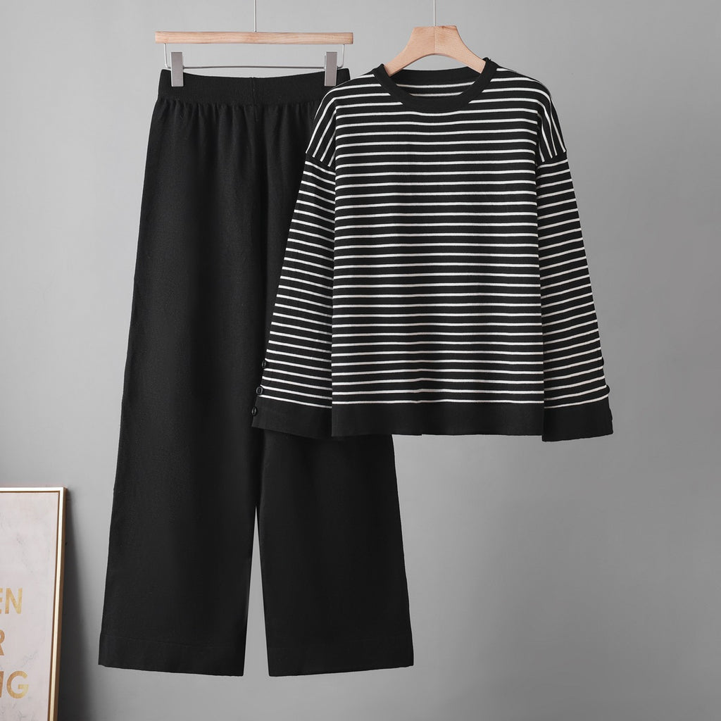 Striped top wide leg pants two-piece set for women