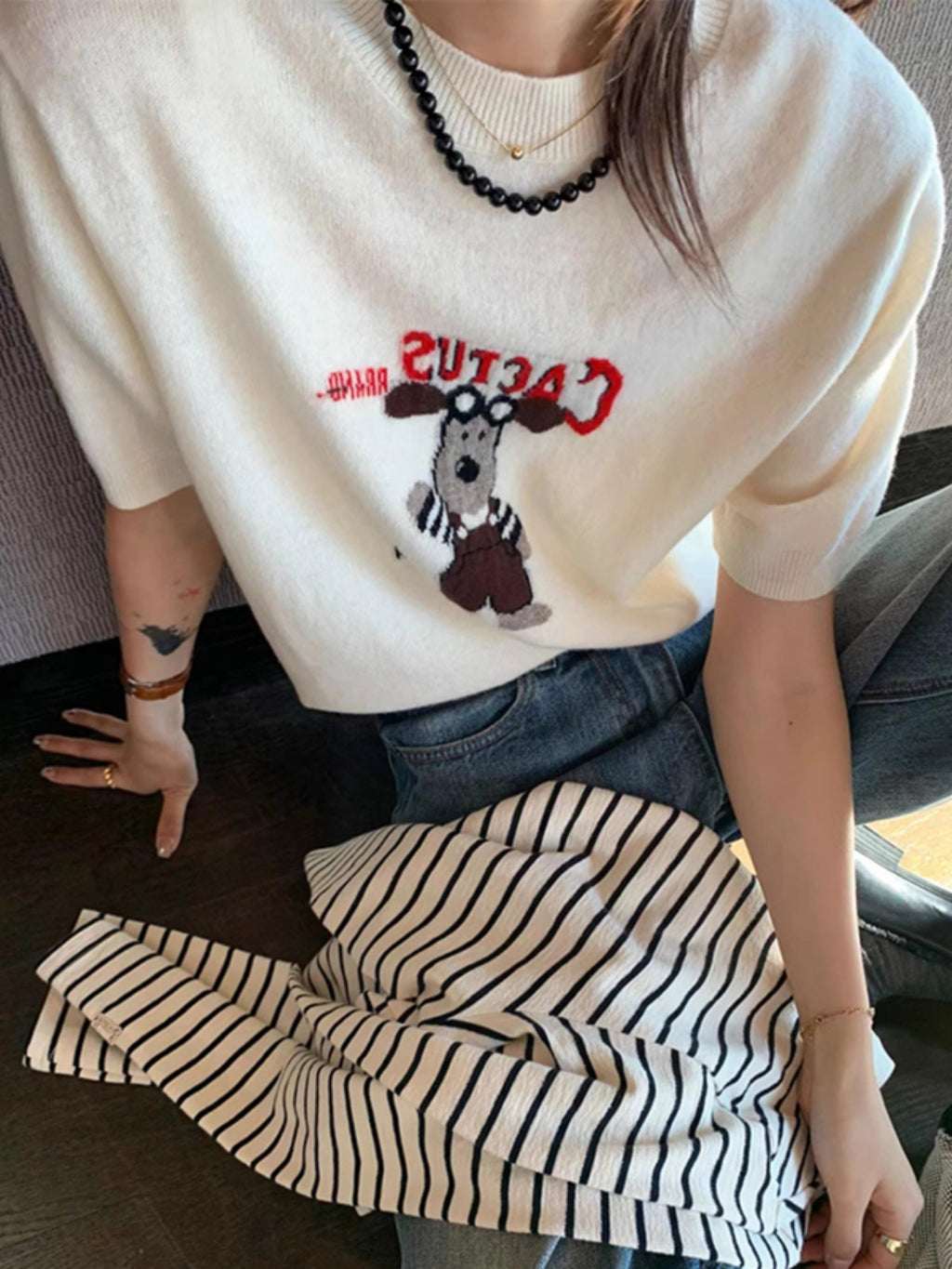 Cartoon Dog Short Sleeve Knitted Shirt for Women