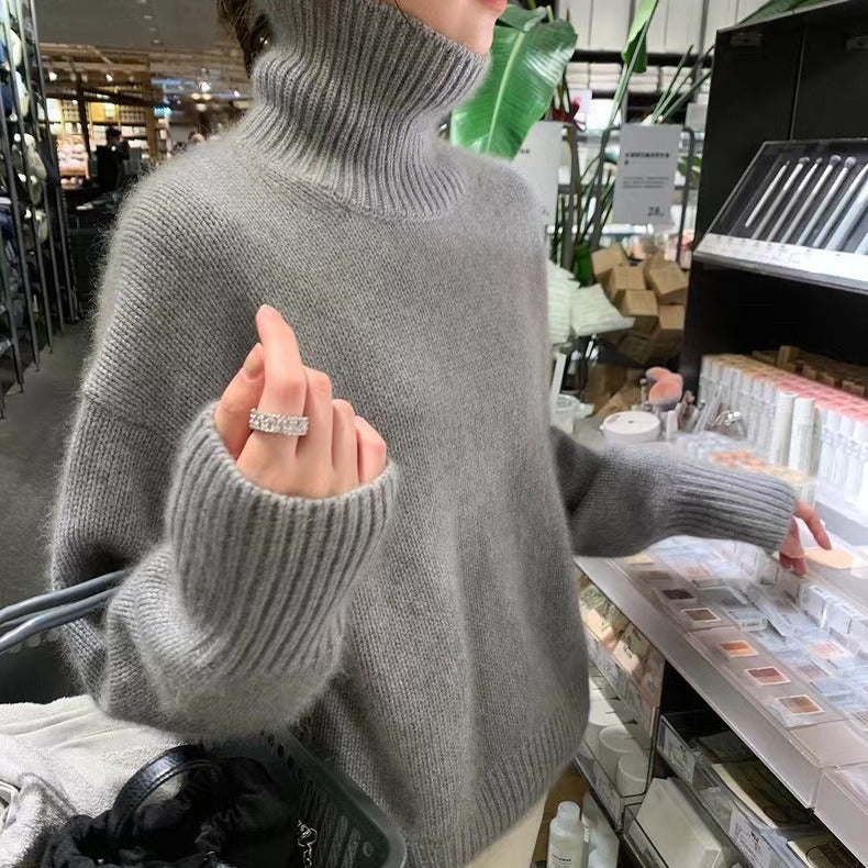 High neck solid color sweater for women in autumn and winter