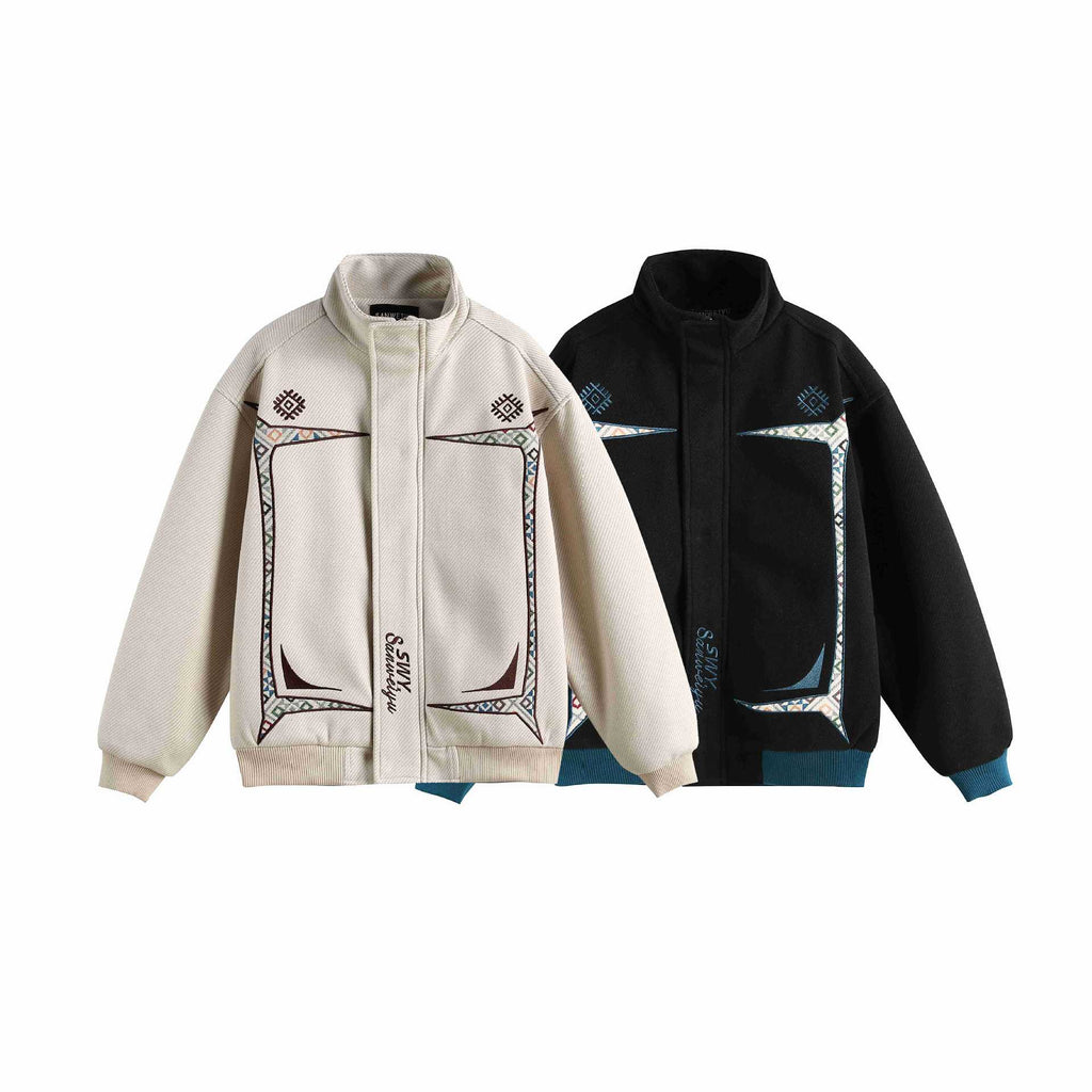 Embroidery Design Button Closure Stand Collar Loose Fit Men's Jacket