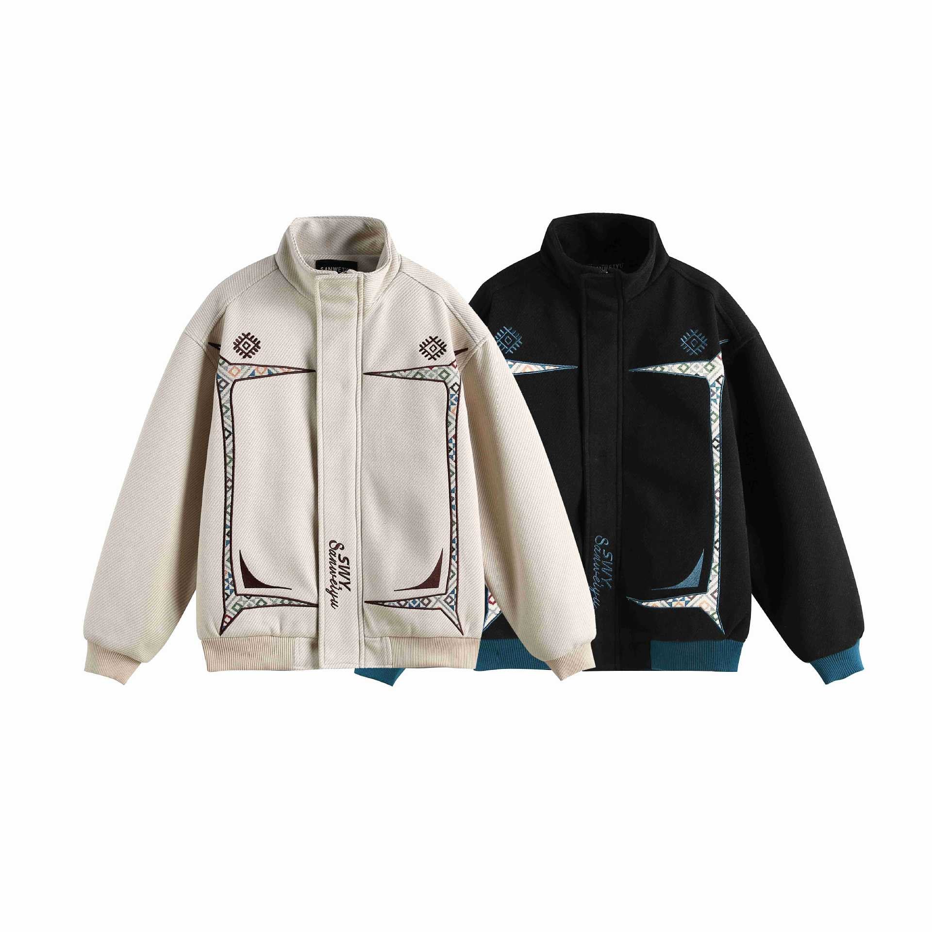 Embroidery Design Button Closure Stand Collar Loose Fit Men's Jacket