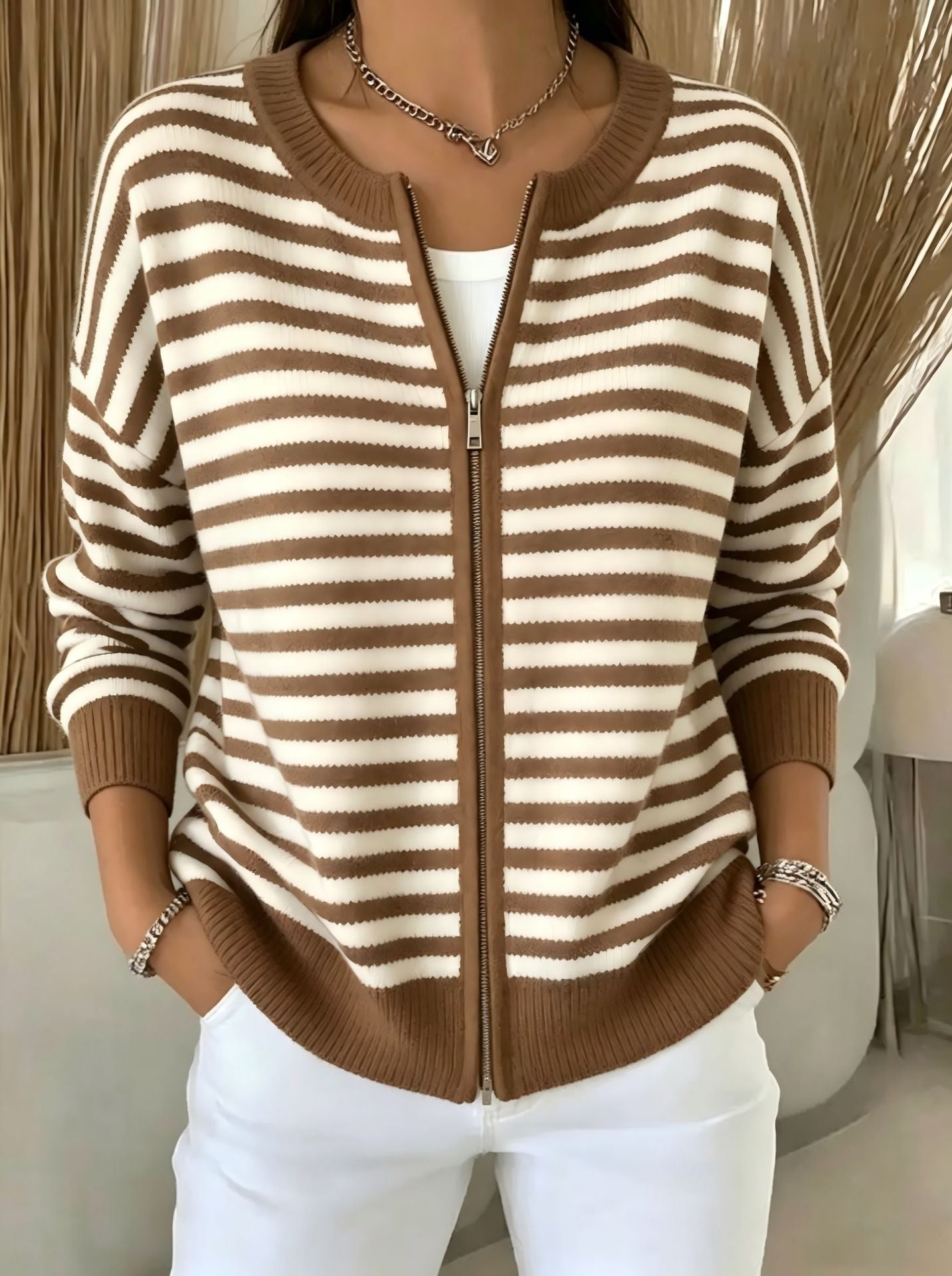 Striped zipper knitted cardigan for women