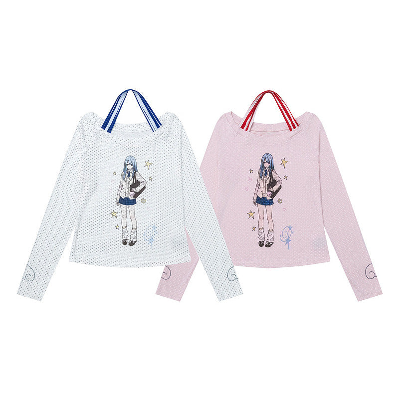 Hanging neck off shoulder long sleeved base T-shirt