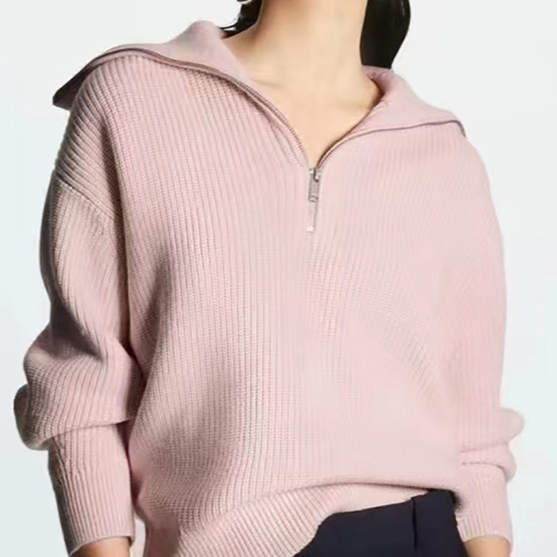Knitted sweater with collar and zipper for women
