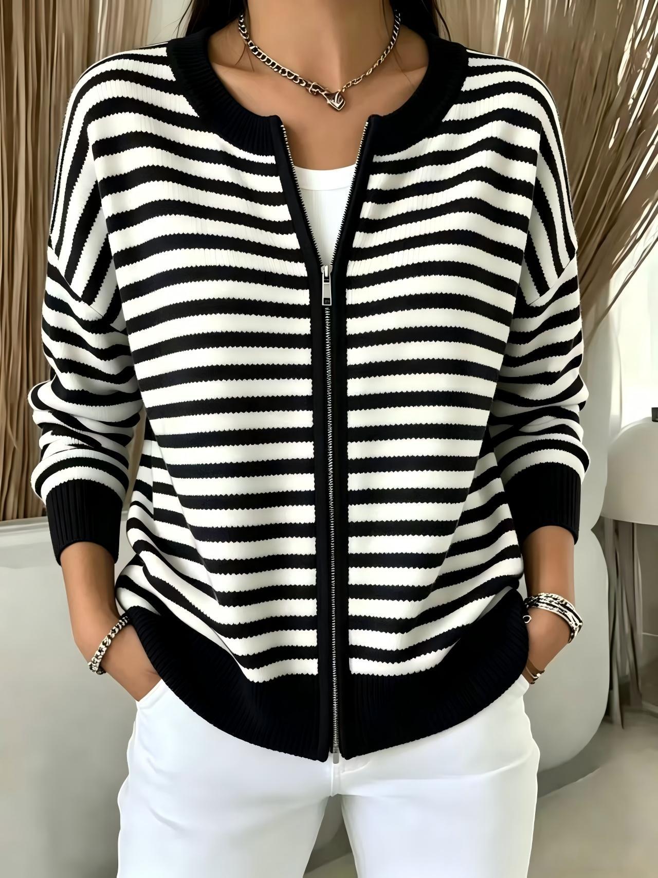 Striped zipper knitted cardigan for women