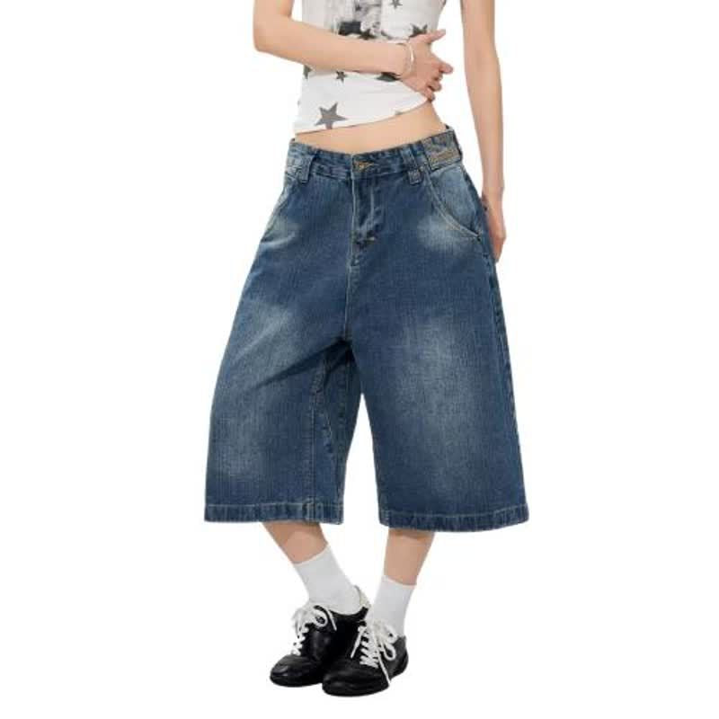 Distressed Denim Capri Pants with Button Closure for Men and Women