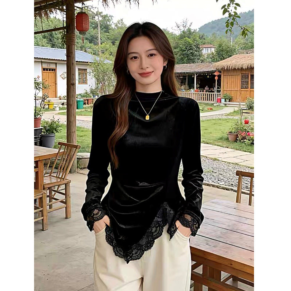 Women's Premium Velvet Mock Neck Long Sleeve Top with Lace Trim | Elegant Chic Design