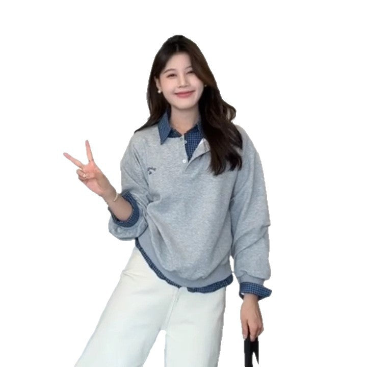 Women's  Casual Gray Long Sleeve Loose Fit Patchwork Spliced Fake Two-Piece Sweatshirt