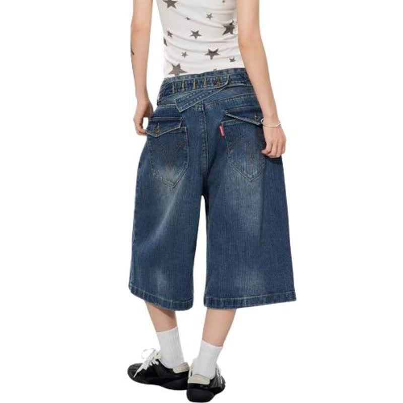 Distressed Denim Capri Pants with Button Closure for Men and Women