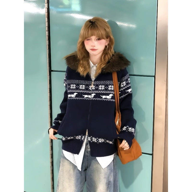 Fel Island fur collar hooded sweater jacket for women