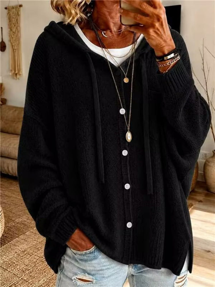Button knit hooded sweater cardigan jacket