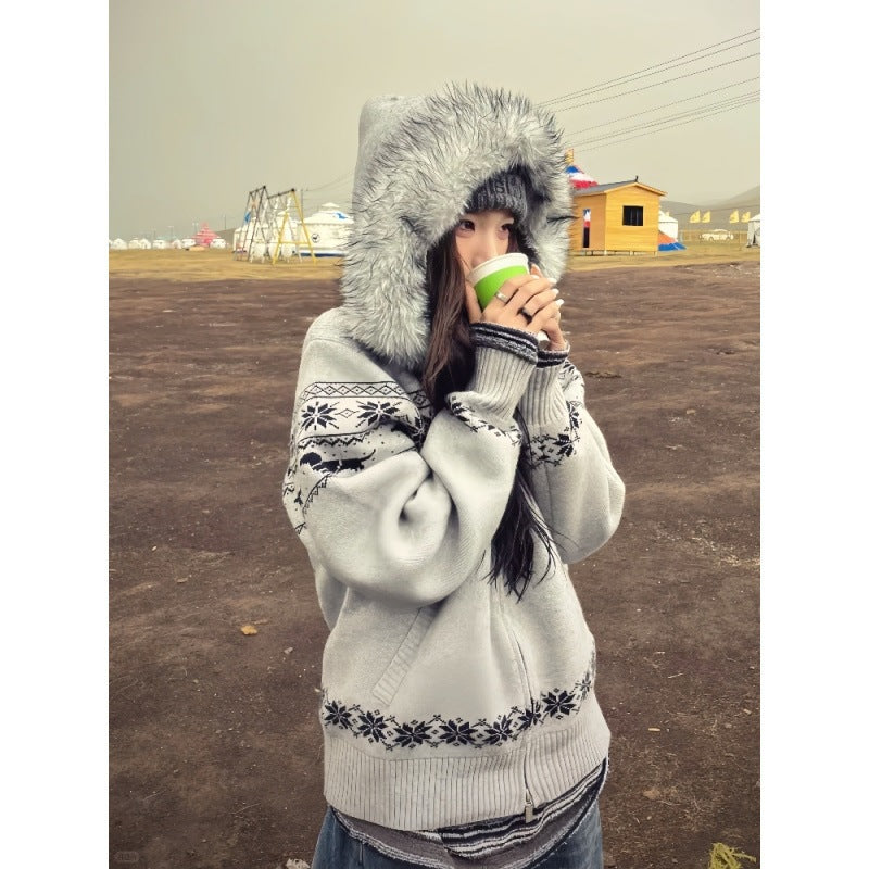 Fel Island fur collar hooded sweater jacket for women
