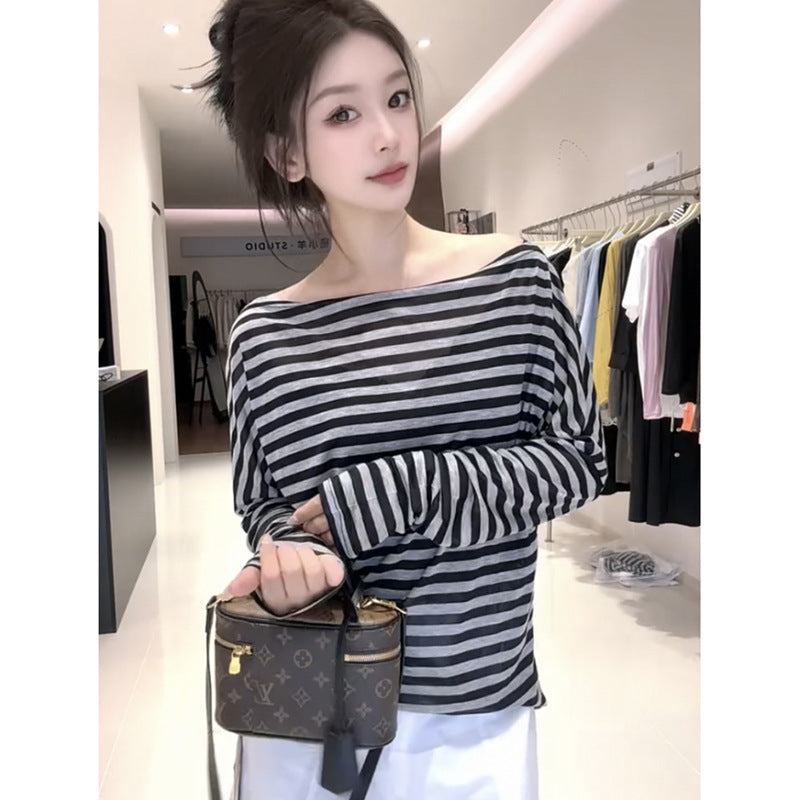 Women's Striped Off-Shoulder Long Sleeve Top - Loose Fit Premium Casual Tee for Early Autumn