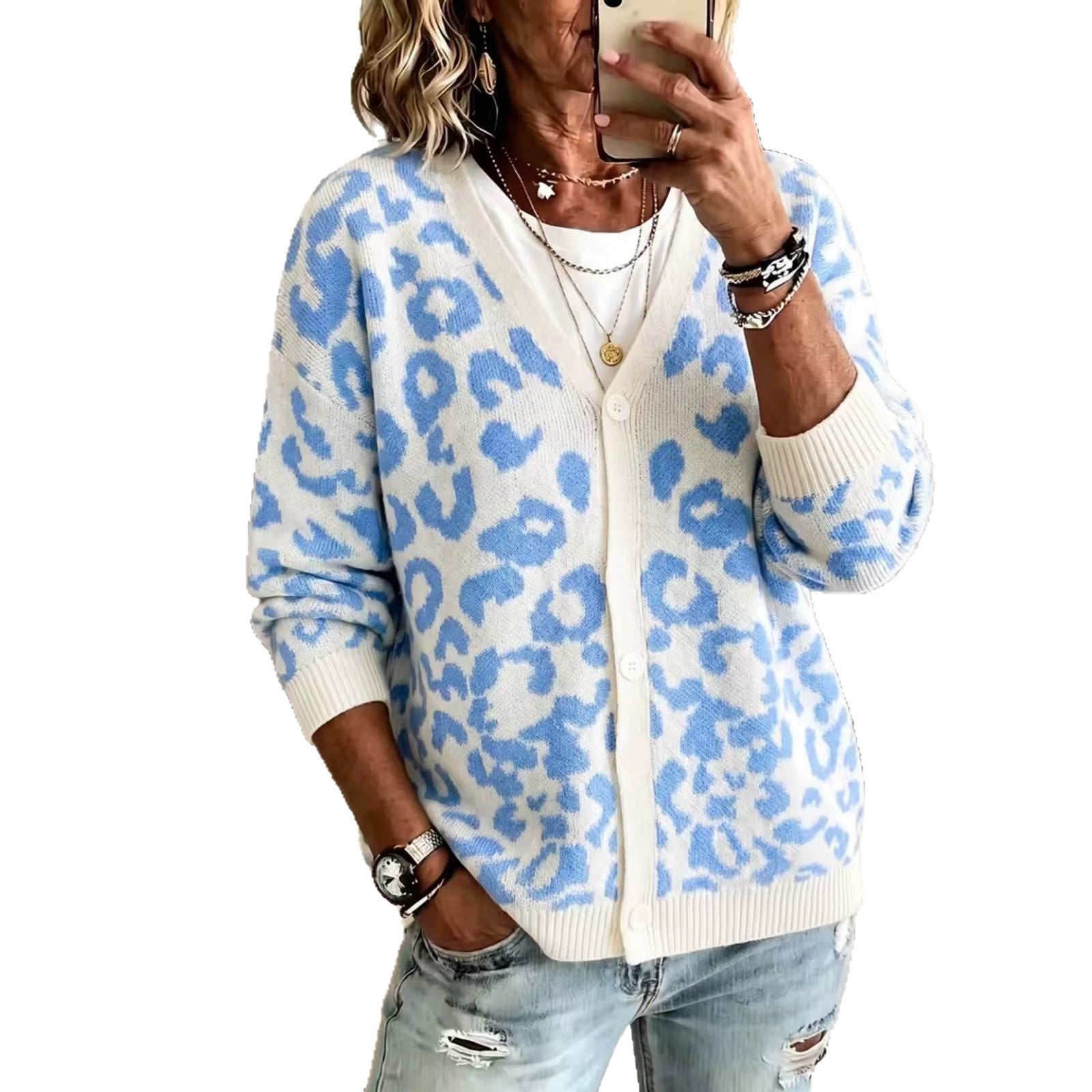 Loose leopard print knit cardigan jacket