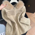 Hooded Fur-Collar Zip-Up Knit Cardigan for Women, Vintage Stylish Thick Short Knit Sweater Coat
