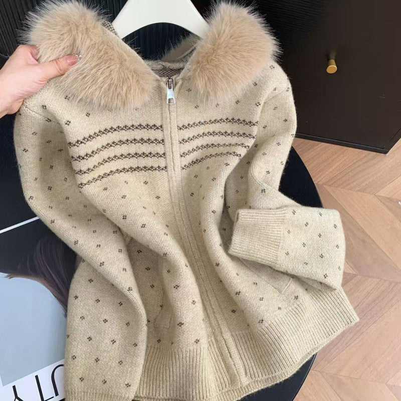 Hooded Fur-Collar Zip-Up Knit Cardigan for Women, Vintage Stylish Thick Short Knit Sweater Coat