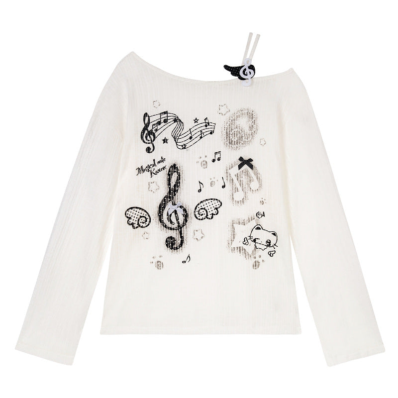 Long sleeved T-shirt with slanted shoulder and groove pattern