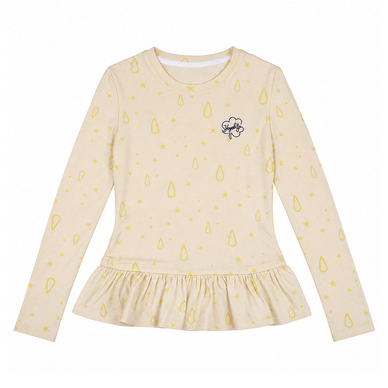 Round neck embroidered waist cinched lotus leaf hem base top