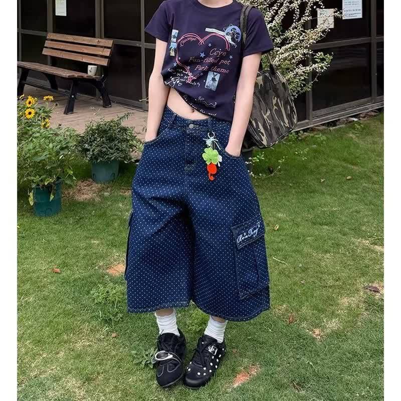 Dot Embroidered Large Pocket Seven-Eighth Denim Pants