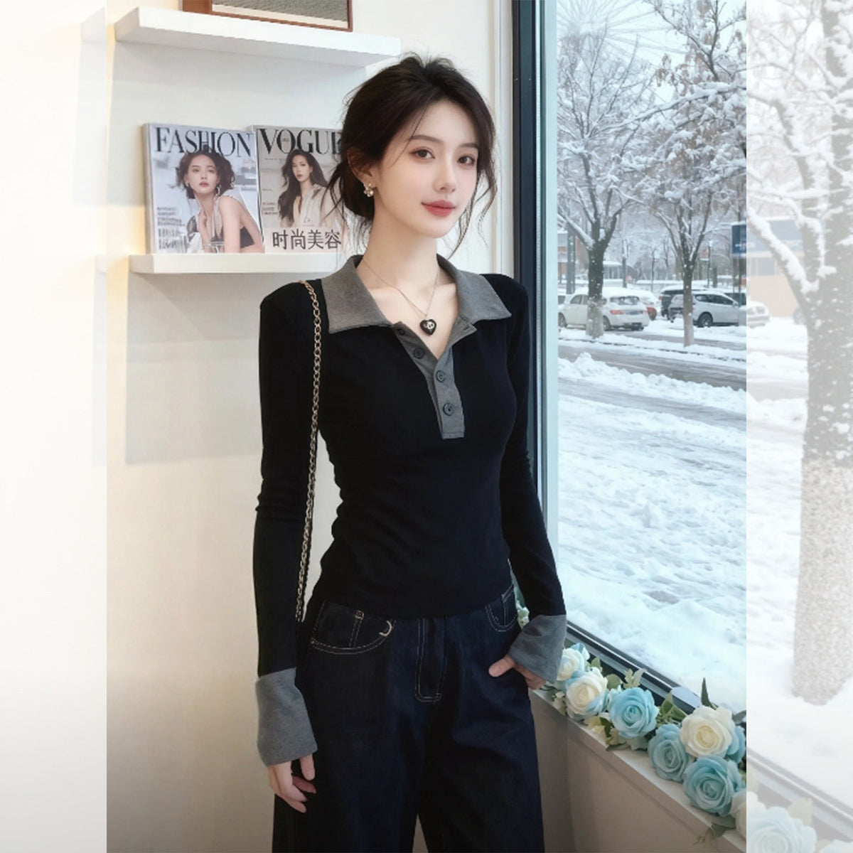 Women's Slim Fit Long Sleeve Polo Collar T-Shirt - Black Grey Rayon Rib Top