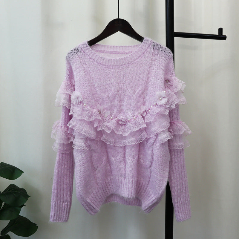 Splicing mesh flower sweater