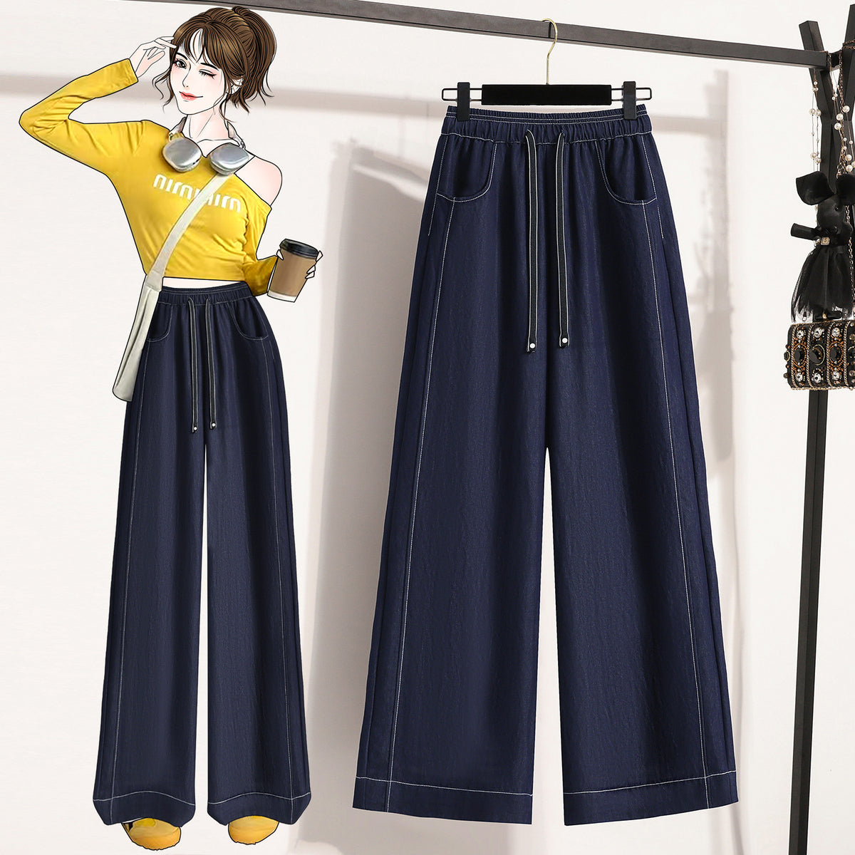 Linen-like Rayon Wide Leg Pants for Women, High Waist, Straight Leg, Color-Blocked Topstitching, Flowy and Lightweight Tencel Trousers