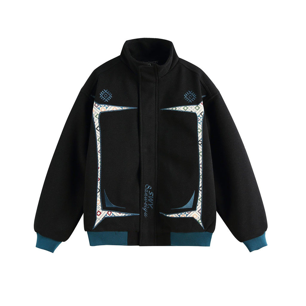 Embroidery Design Button Closure Stand Collar Loose Fit Men's Jacket