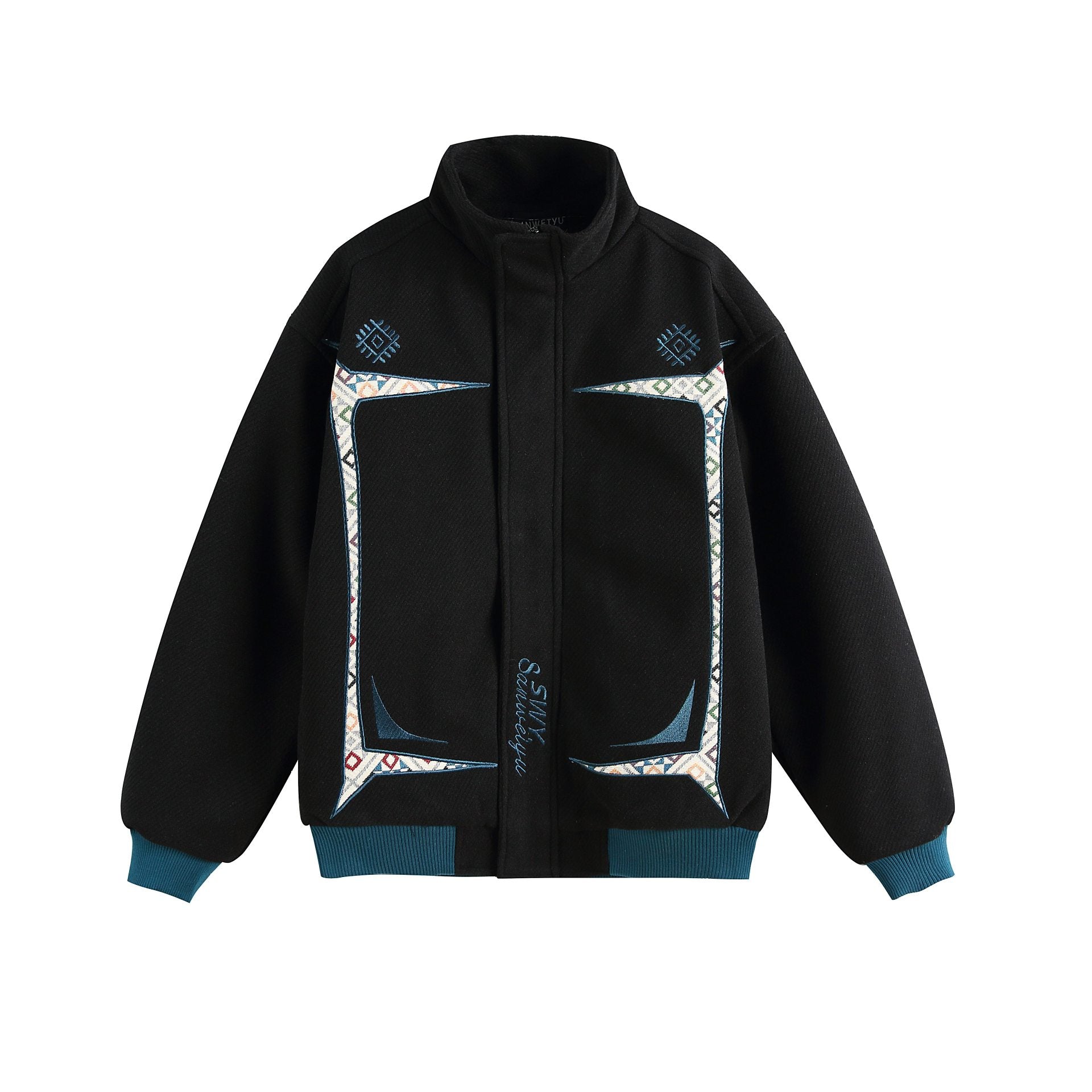 Embroidery Design Button Closure Stand Collar Loose Fit Men's Jacket