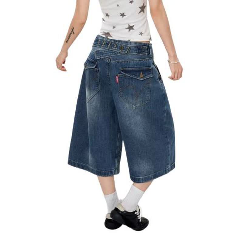 Distressed Denim Capri Pants with Button Closure for Men and Women
