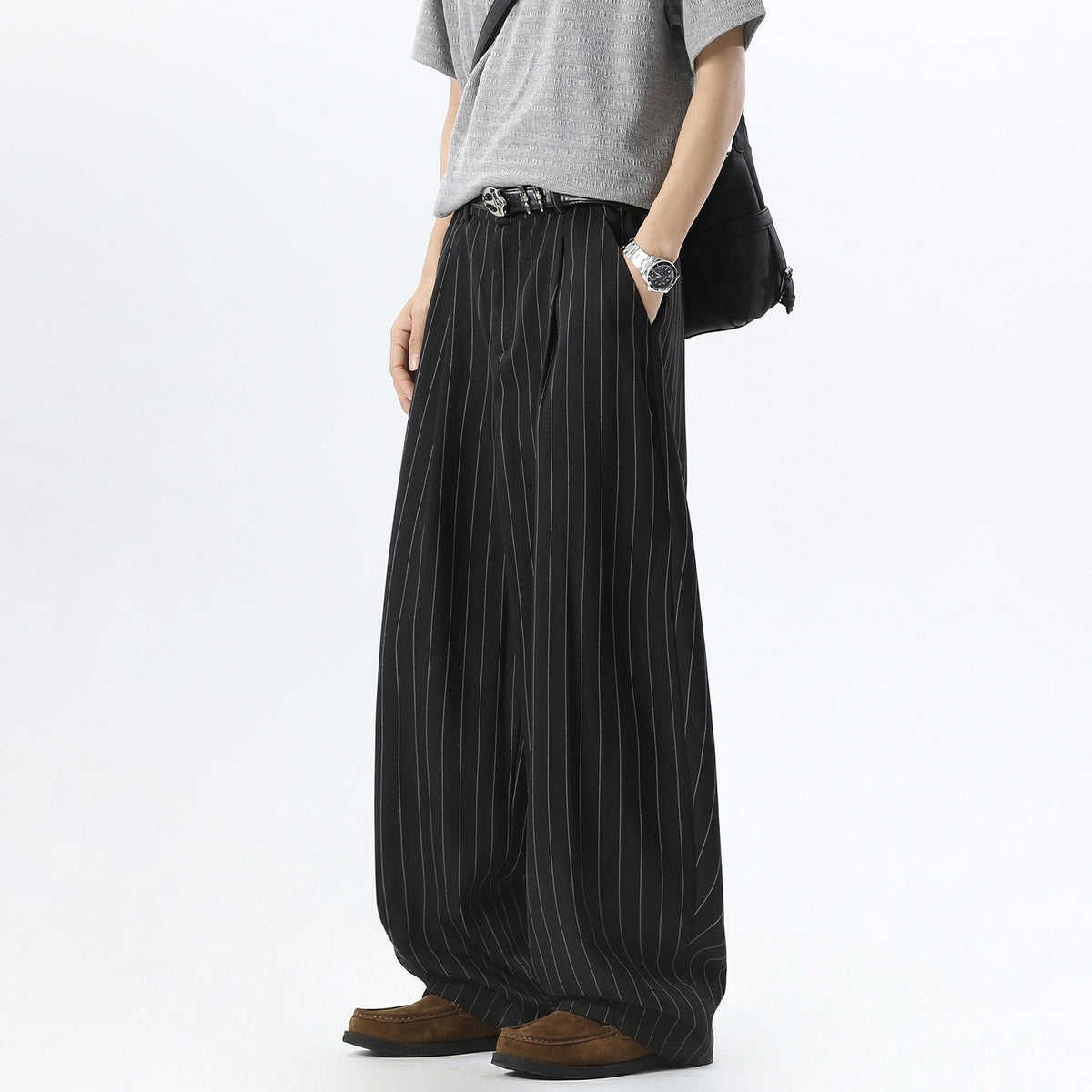 Classic Style Vertical Stripe Trousers for Men, Spring Summer High Street Vintage Straight Leg Loose Drape Lazy Casual Pants