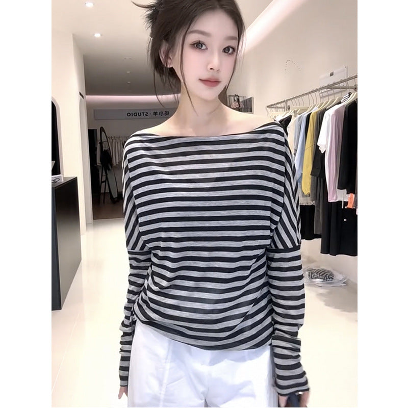 Women's Striped Off-Shoulder Long Sleeve Top - Loose Fit Premium Casual Tee for Early Autumn