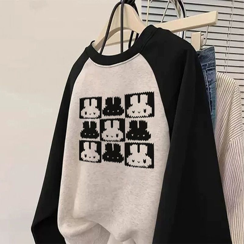Vintage Raglan Sleeve Lightweight Crewneck Hoodie for Women, Cartoon Print, Loose Fit Long Sleeve Top