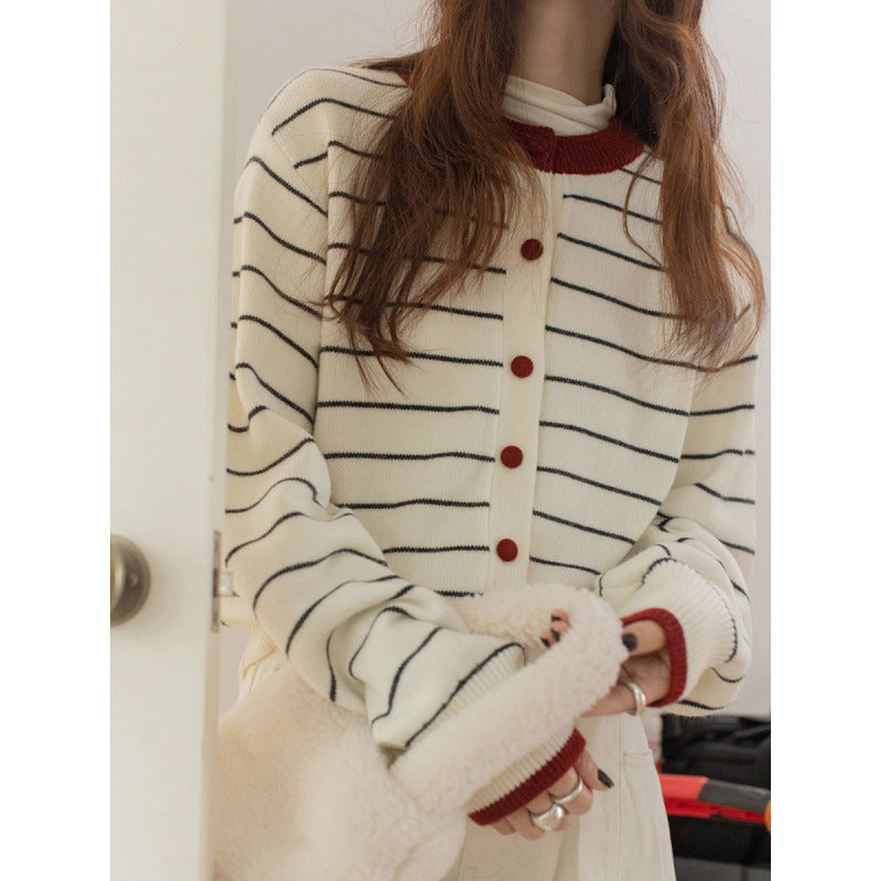 Stripe Cardigan for Women, Buttoned Round Neck Long Sleeve Knitwear Coat