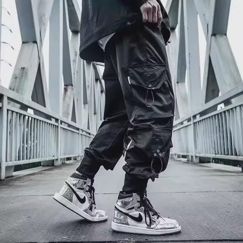 Urban Tactical Functional Style Dark Black Cool Streetwear Loose Cuffed Pants Men's Spring Autumn Fashion Long Trousers