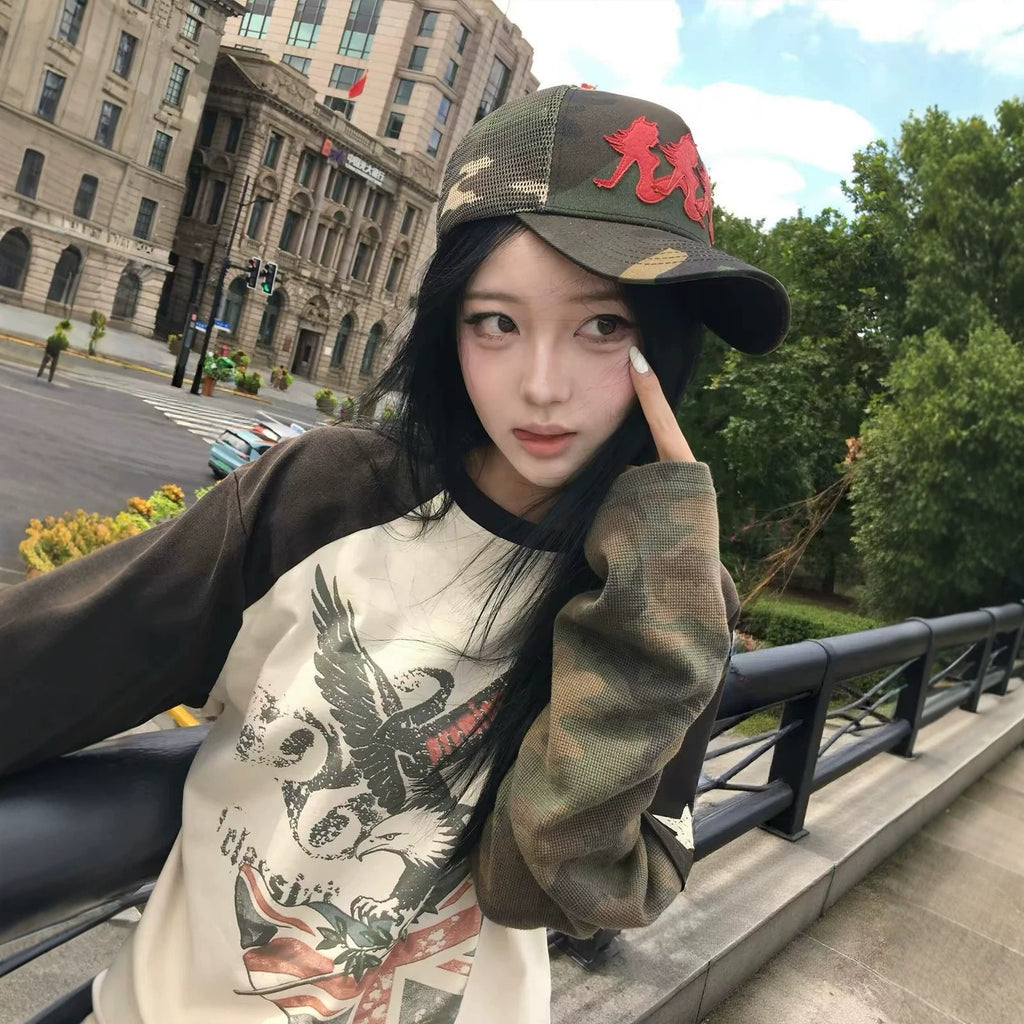 Street Vintage Camo Flag Patchwork Long Sleeve Printed T-Shirt
