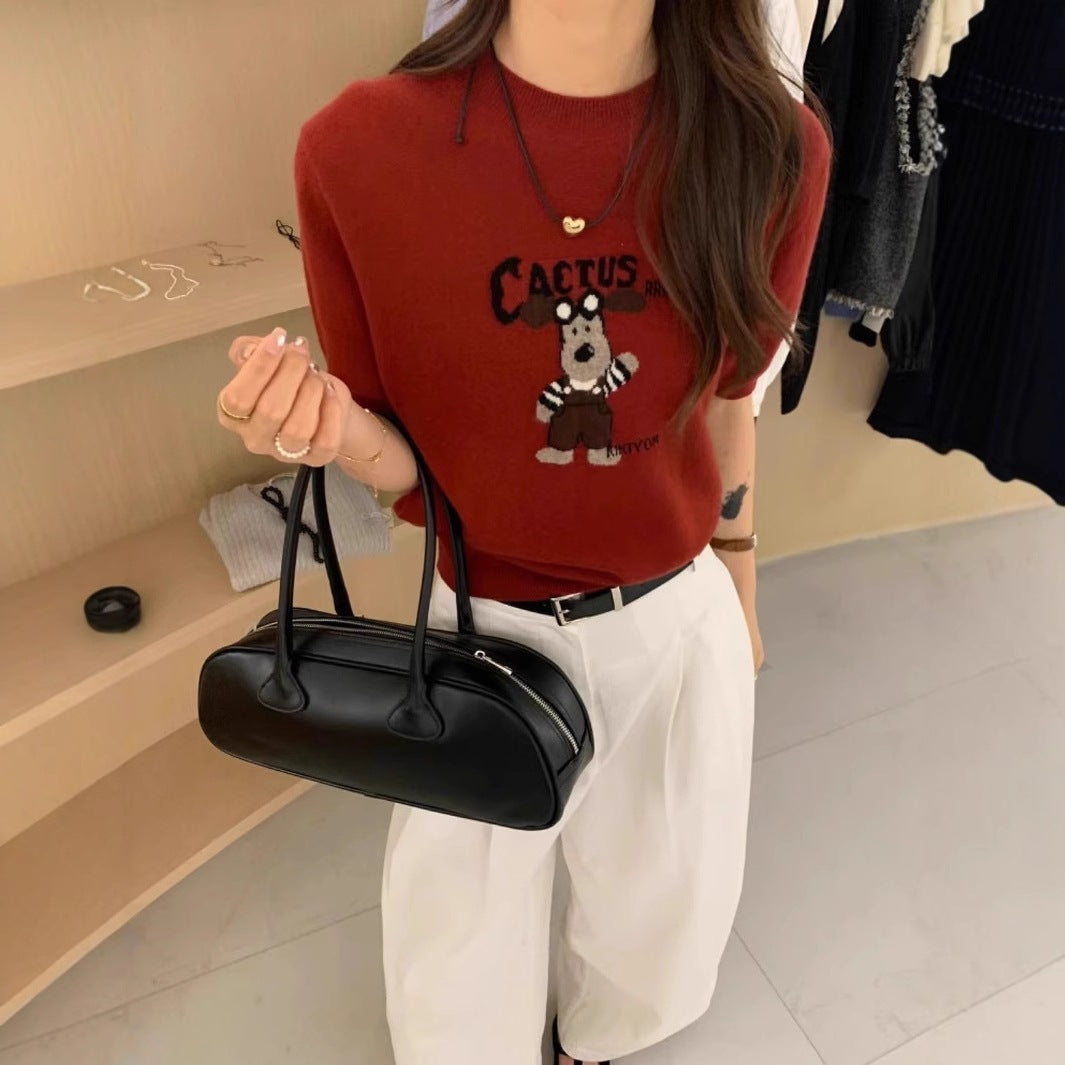 Cartoon Dog Short Sleeve Knitted Shirt for Women
