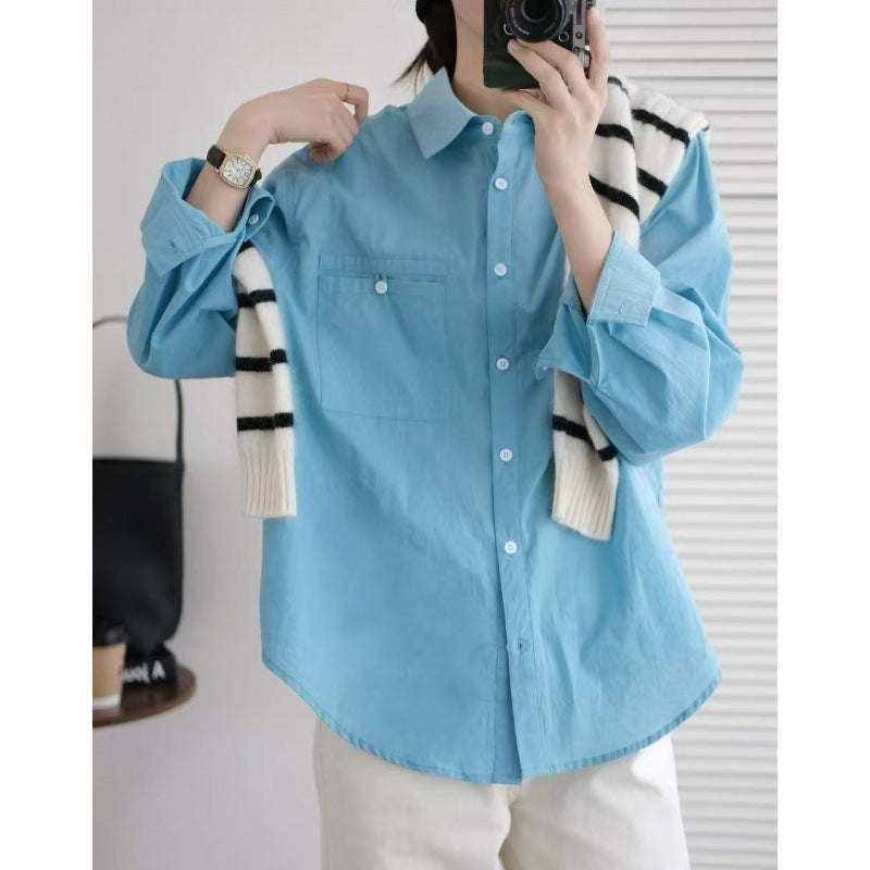 Women's Long Sleeve Blue Casual Shirt Relaxed Fit Versatile Top