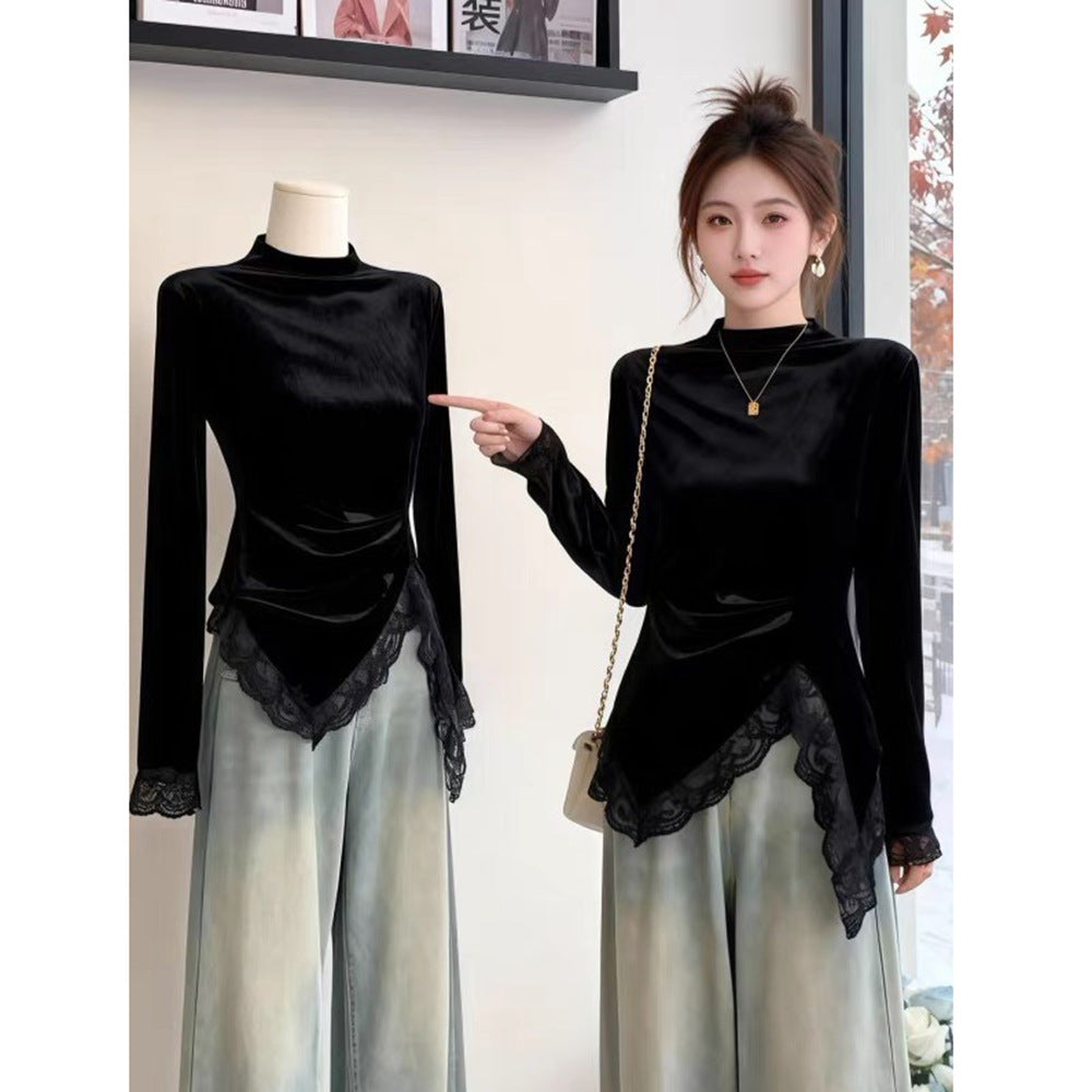 Women's Premium Velvet Mock Neck Long Sleeve Top with Lace Trim | Elegant Chic Design
