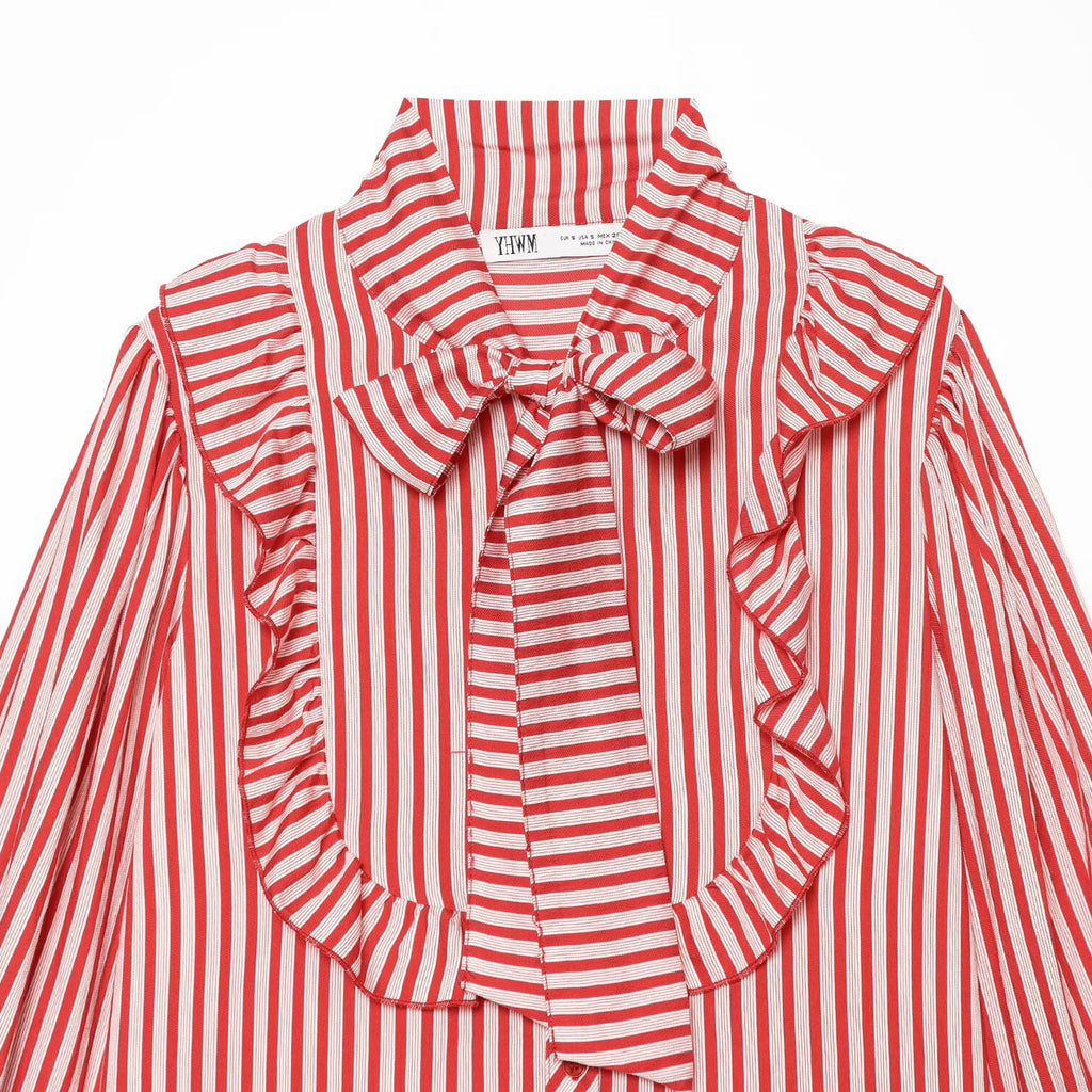 Butterfly bow ribbon collar striped shirt for women