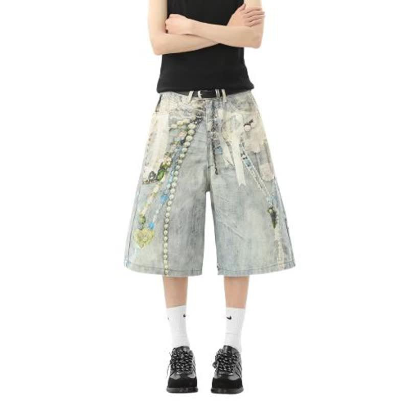 3D Print Denim Shorts Unisex Loose Wide Leg Straight Cut Capri Pants